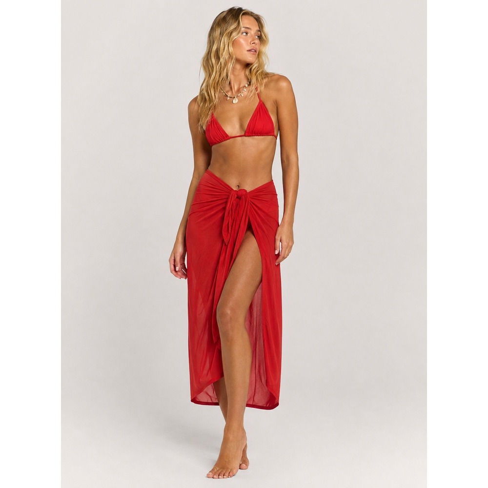 JETS by Jessika Allen Red Mesh Knot Sarong Wrap Swim Cover Up Skirt Size 10 M L
